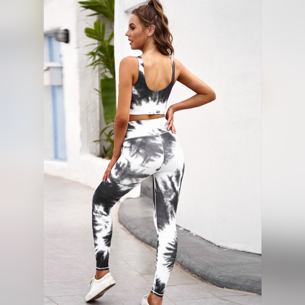 2-Piece Activewear Set Tie-dye Sporty Crop Top & Pant Leggings Matching Outfit - Picture 10 of 12
